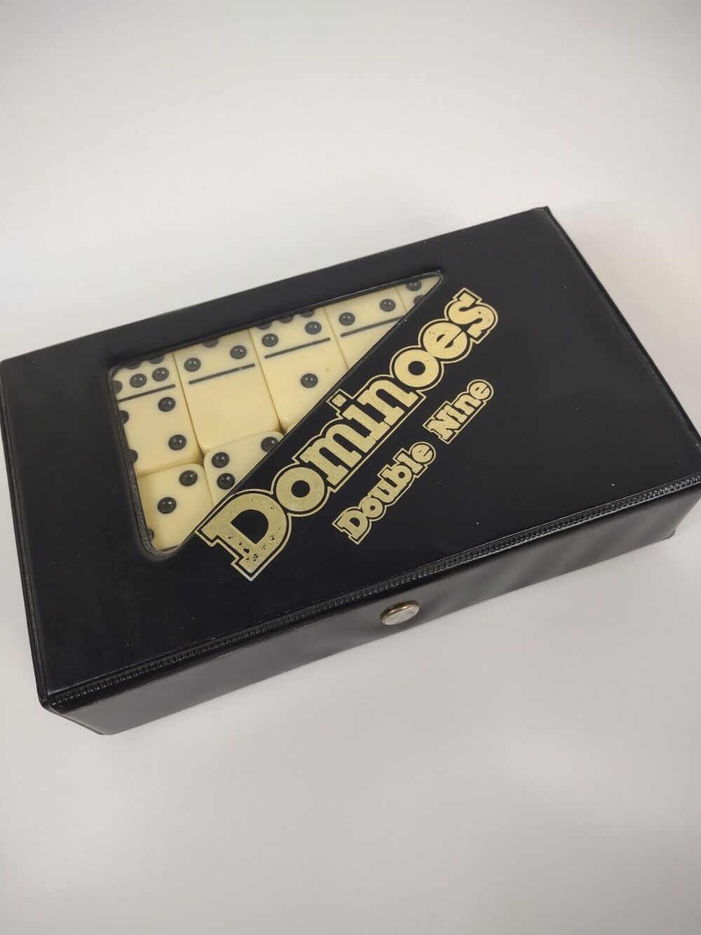 Vintage DOMINOES Double Nine Game Original Black Vinyl Case Heavy Complete Set